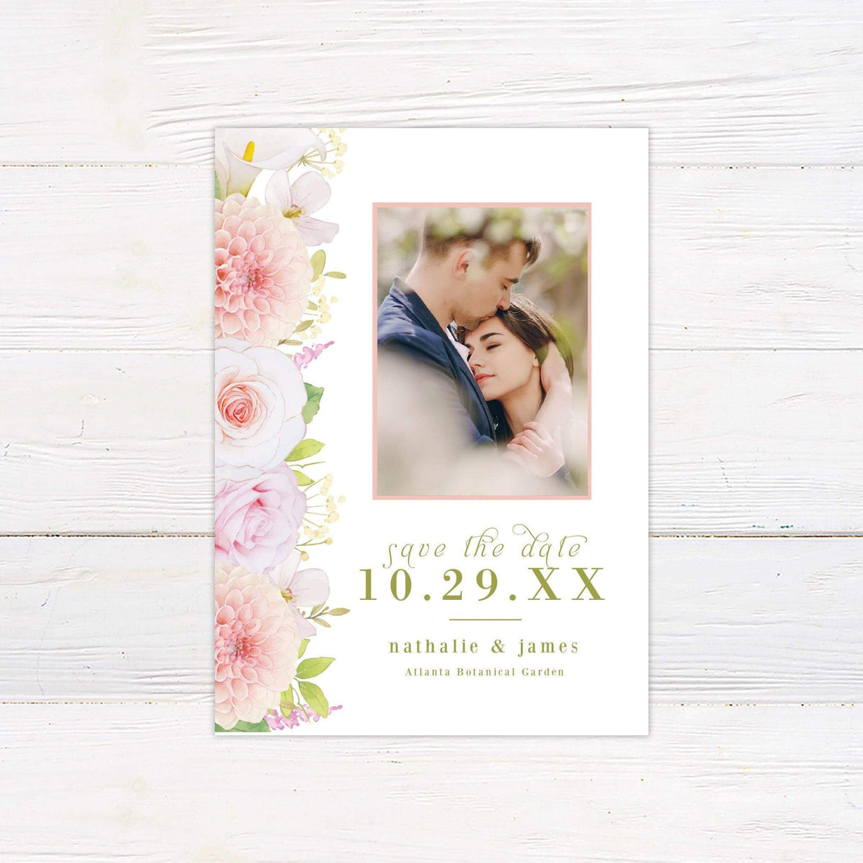 Save the Date card with a soft pink floral border, watercolor roses, and delicate golden embellishments.