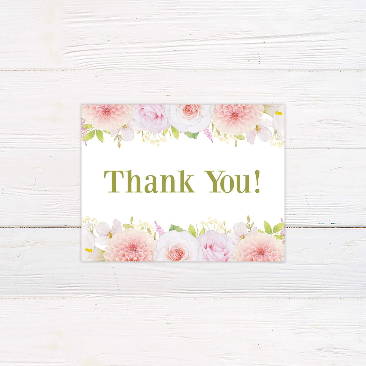 Thank you card with pink rose illustrations and a minimal elegant layout in coordinating colors.