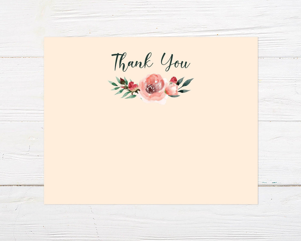 A pink floral bridal brunch thank you card with watercolor flowers and elegant text. The design features soft colors and a romantic layout with space below to leave messages for guests.