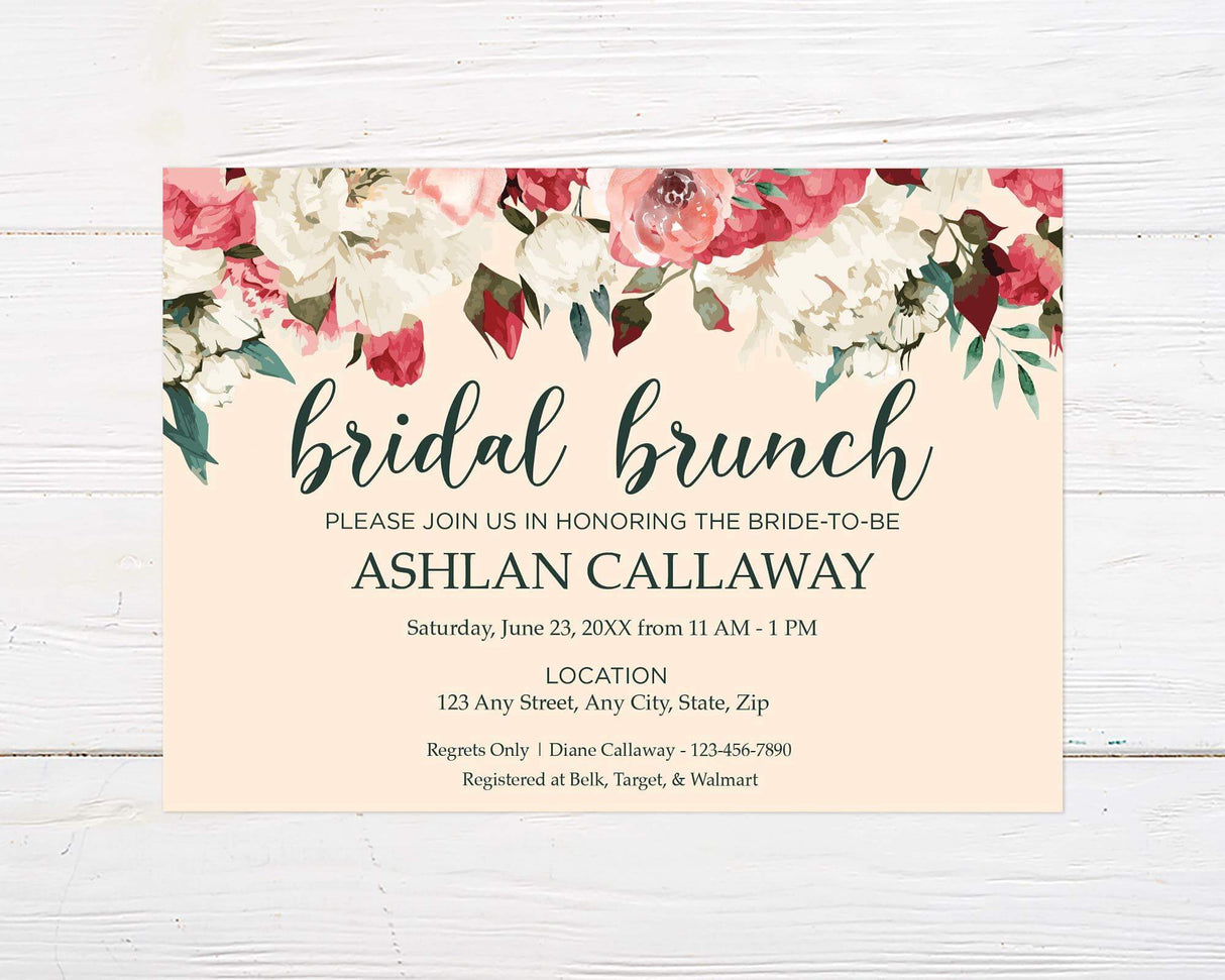 A pink floral bridal brunch invitation with watercolor flowers and elegant text. The design features soft colors and a romantic layout.