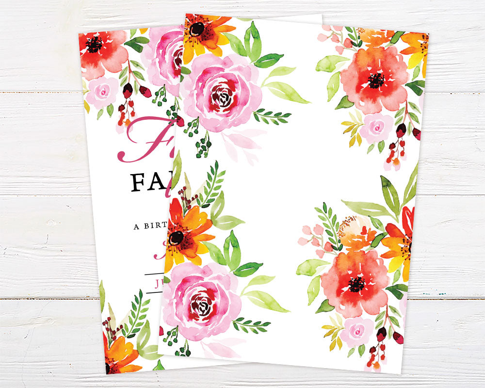 Pink Floral Party Invitation with watercolor florals in pink, coral, and orange for elegant and stylish milestone celebration.