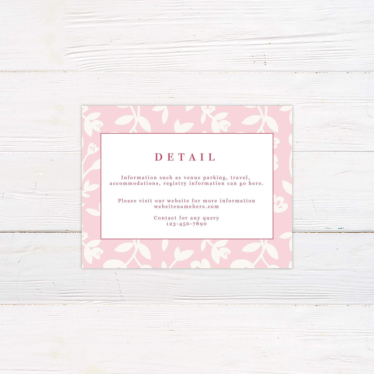 Wedding detail card featuring modern circle motif, blush pink background, and clean floral elements.