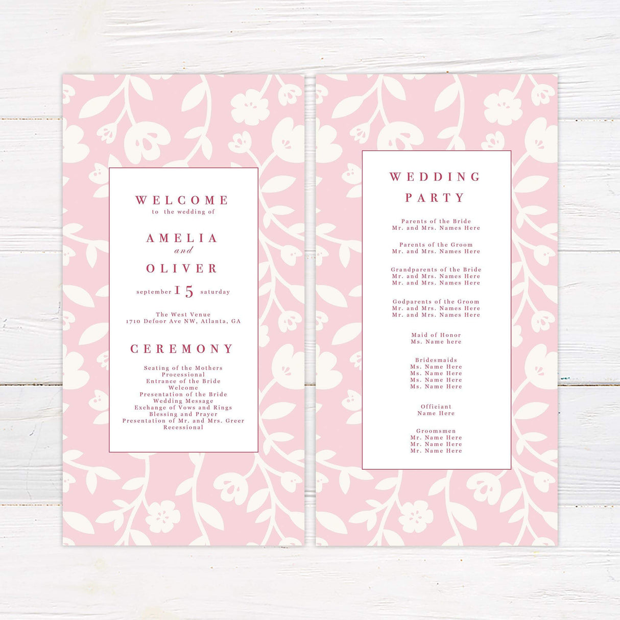 Wedding program with soft pink botanical design, matching circular layout, and modern fonts.