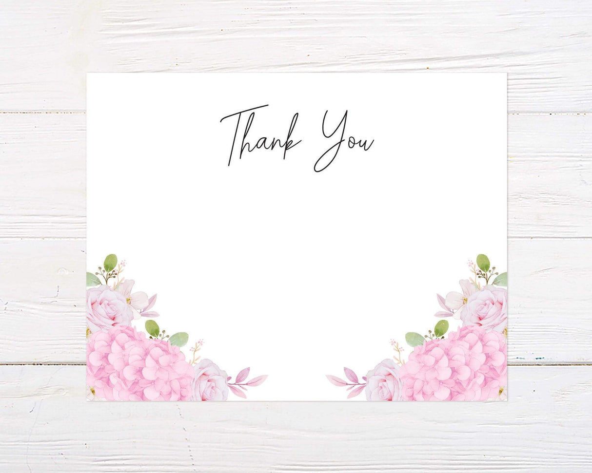 Thank you card with pink hydrangeas on white background, ideal for bridal shower invitations.
