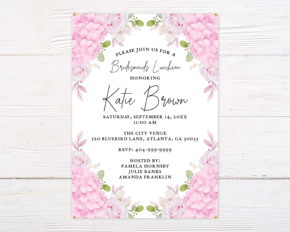 Elegant pink hydrangea bridal shower invitation with floral design, perfect for weddings and bridesmaids luncheons.