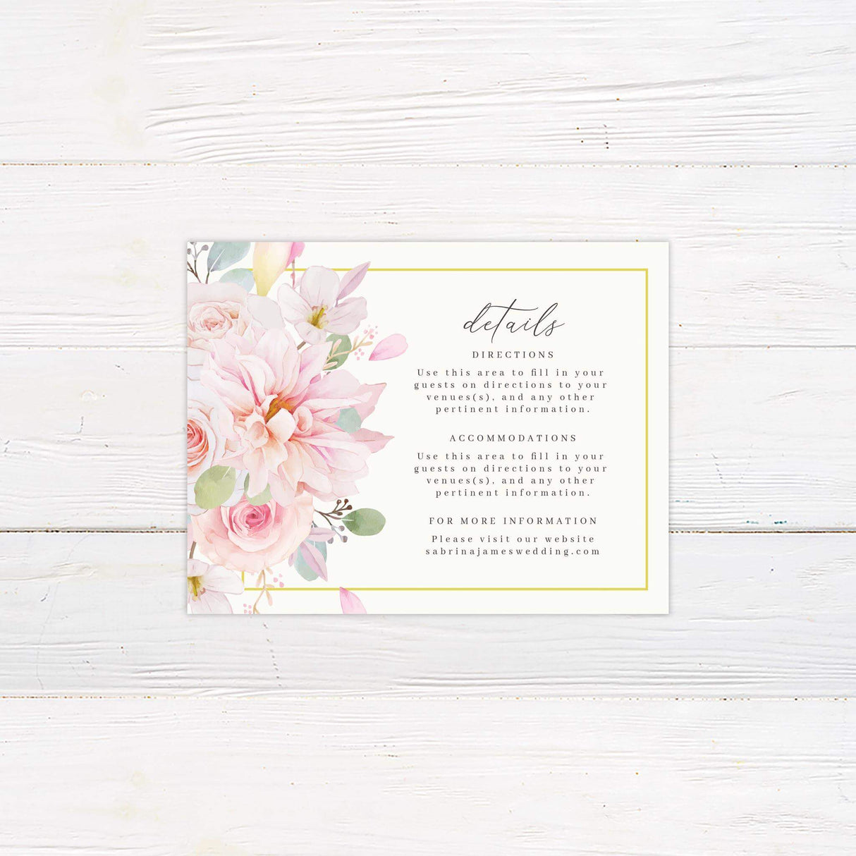 Pastel pink floral wedding details card  with watercolor flowers and soft romantic script on white background.