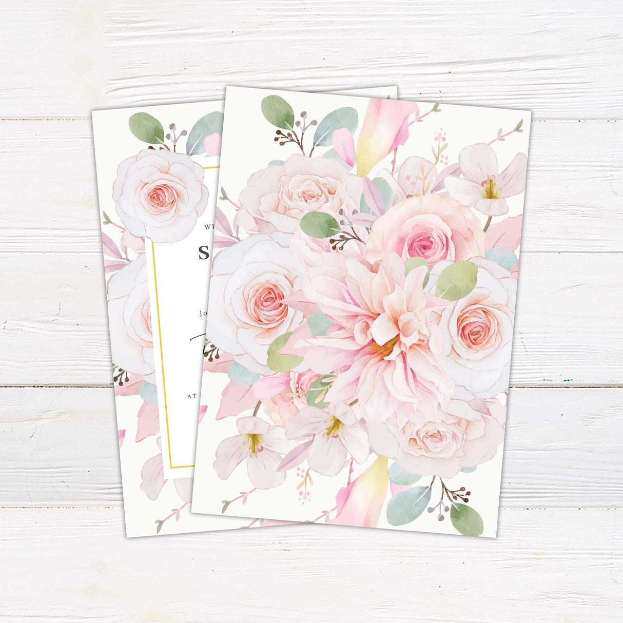 Pastel pink floral wedding invitation with watercolor flowers and soft romantic script on white background. Back.