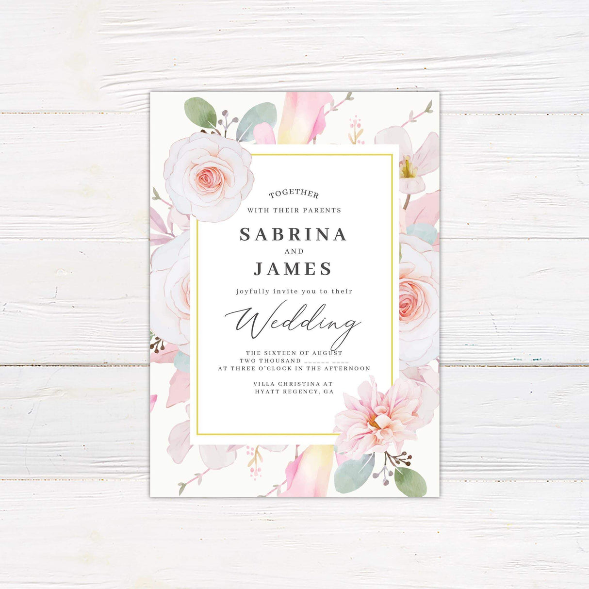 Pastel pink floral wedding invitation with watercolor flowers and soft romantic script on white background.
