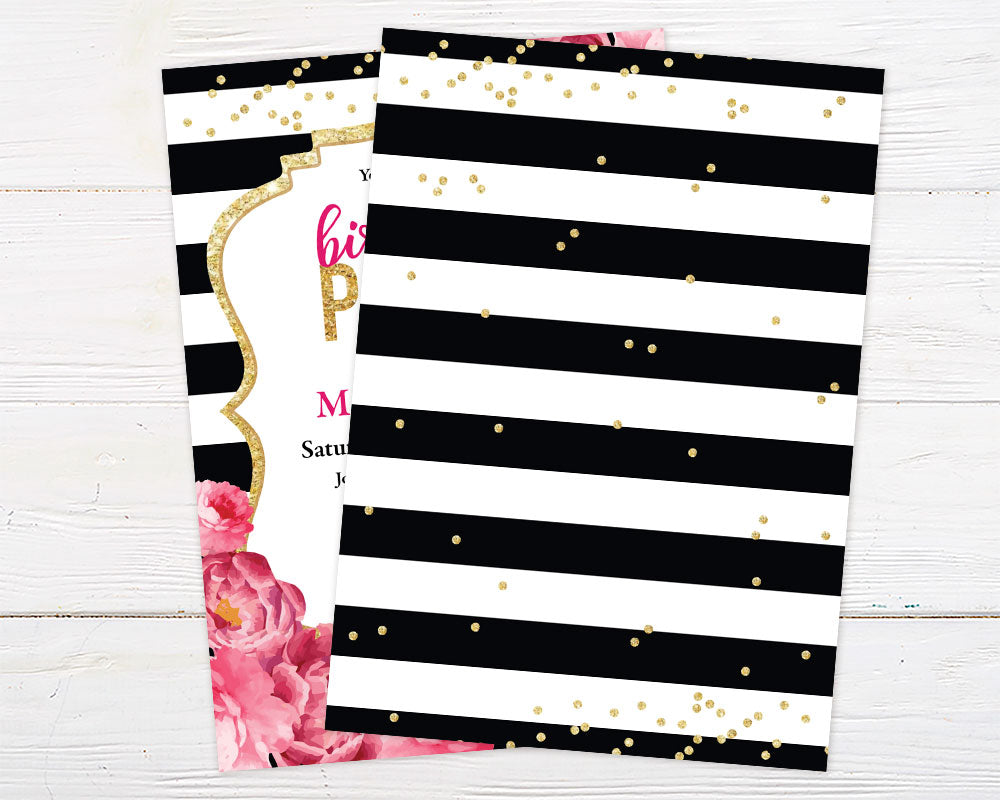 Pink Peonies Birthday Invitation with chic floral design, black and white stripes, and gold glitter accents, perfect for elegant parties.