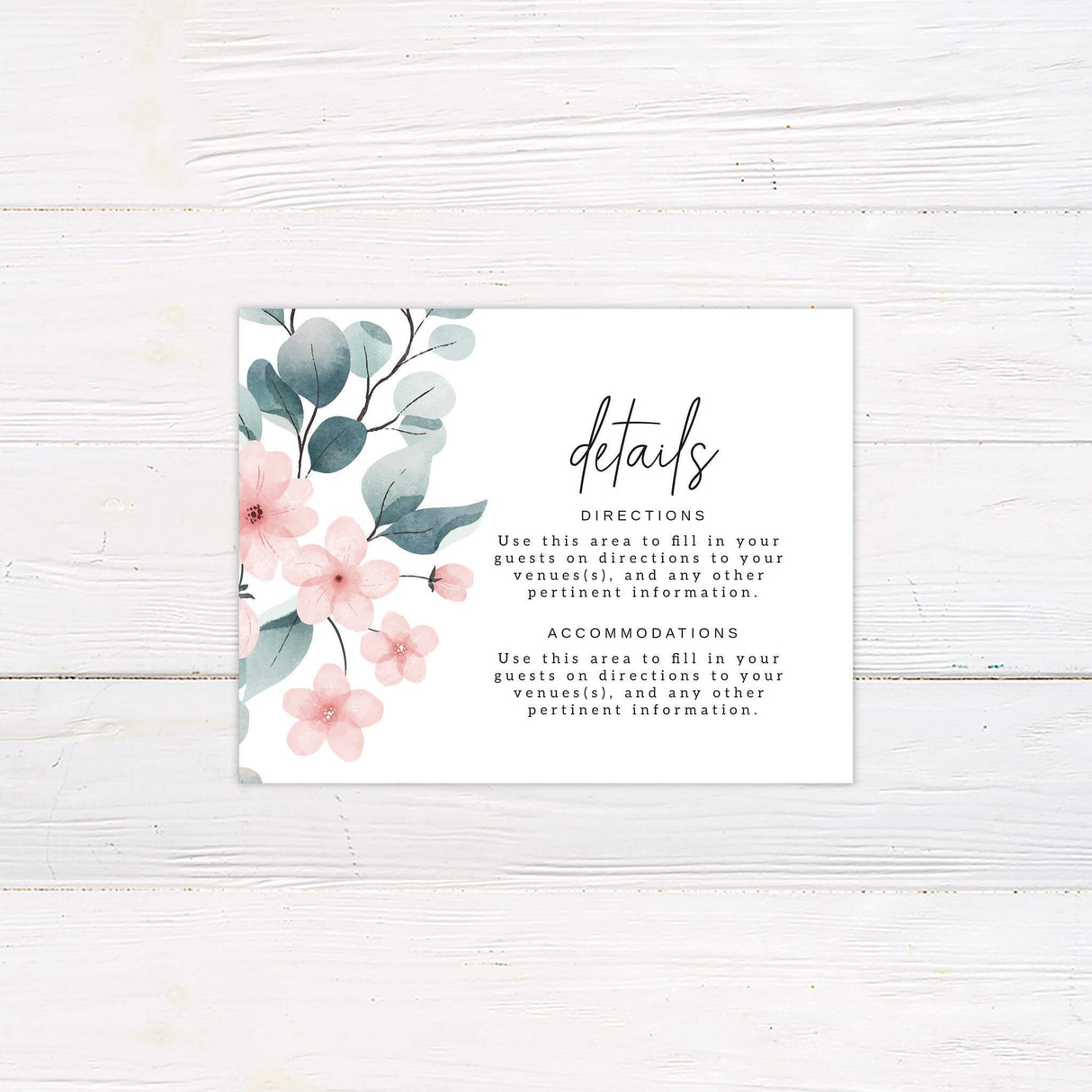 Detail card featuring light pink floral design, minimal text layout, and botanical greenery accents.