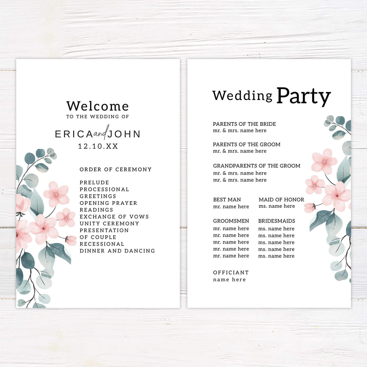 Wedding program with modern script fonts, pink petals in corners, and eucalyptus leaf illustrations.