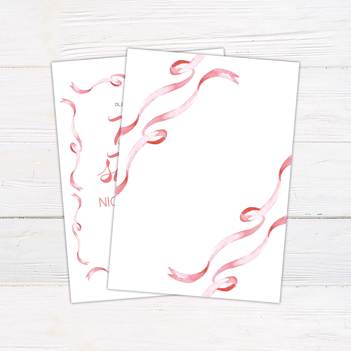 Baby shower invitation with elegant script typography and a decorative ribbon border, featuring event details and mom-to-be’s name in classic layout - back