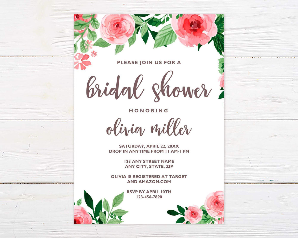 A pink roses floral bridal shower invitation with watercolor roses and green leaves. The design features elegant script text on a white background.