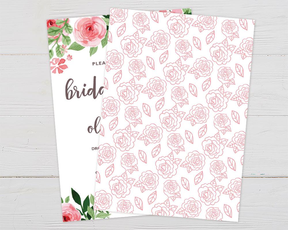 A pink roses floral bridal shower invitation with watercolor roses and green leaves. The design features elegant script text on a white background. - back.