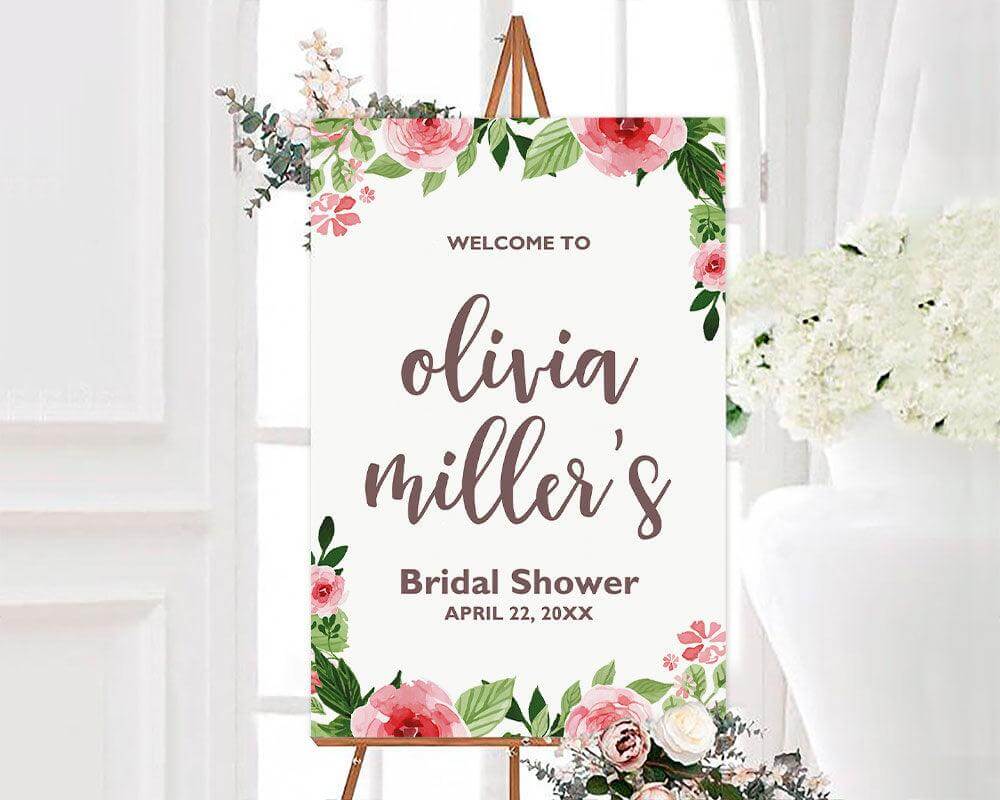 Personalized pink roses floral bridal shower welcome sign featuring watercolor pink roses, lush green leaves, and elegant mauve script lettering. The romantic bridal shower sign has a white background with customizable bride's name and celebration date.