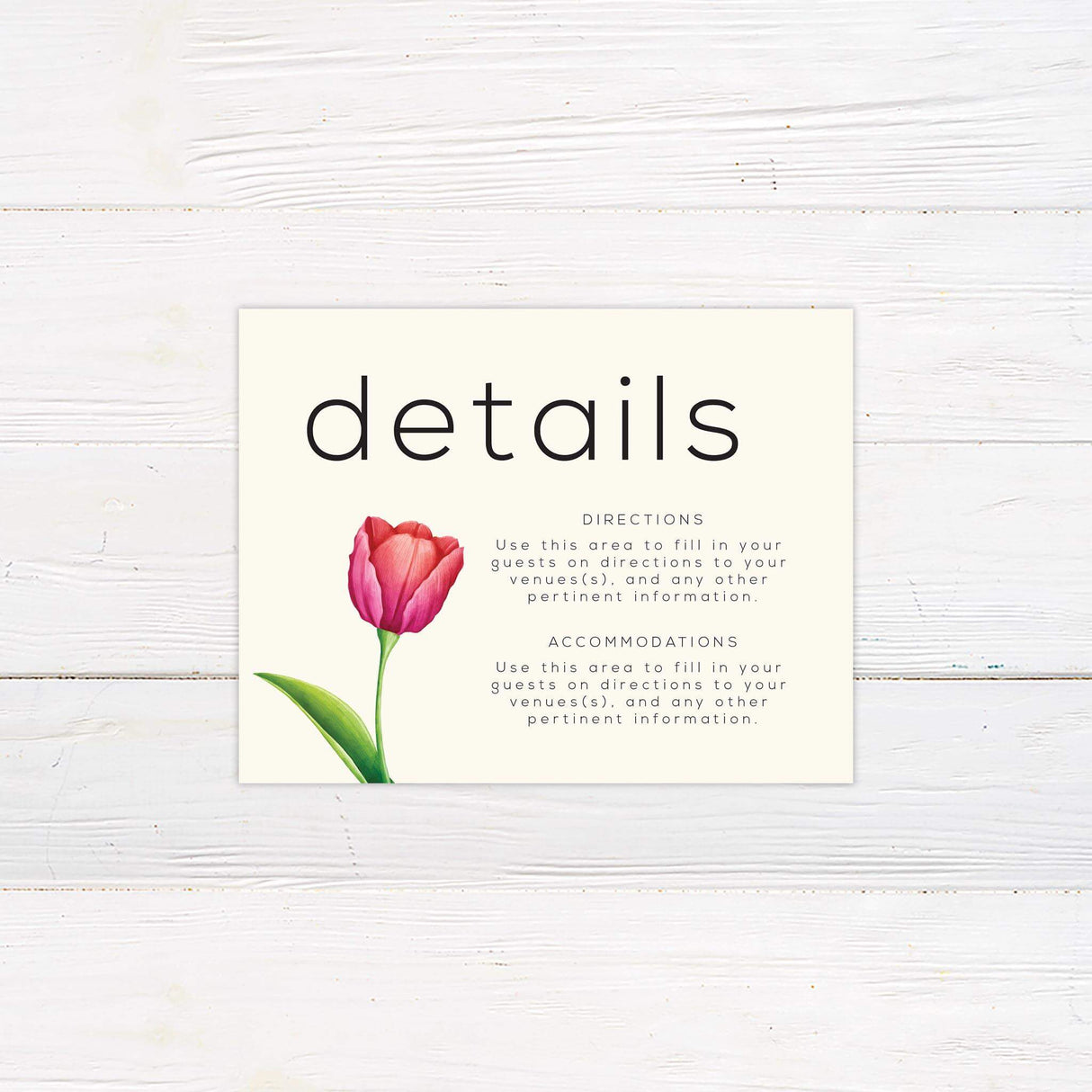 Detail card featuring minimalist layout and single tulip illustration for a modern floral theme.