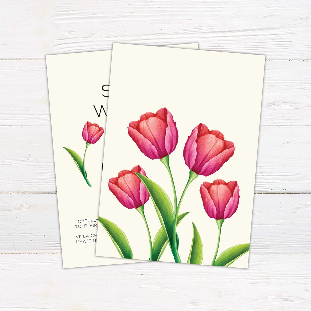 Modern wedding invitation with bold black text, minimalist layout, and a single pink tulip illustration on an off-white background. - back side