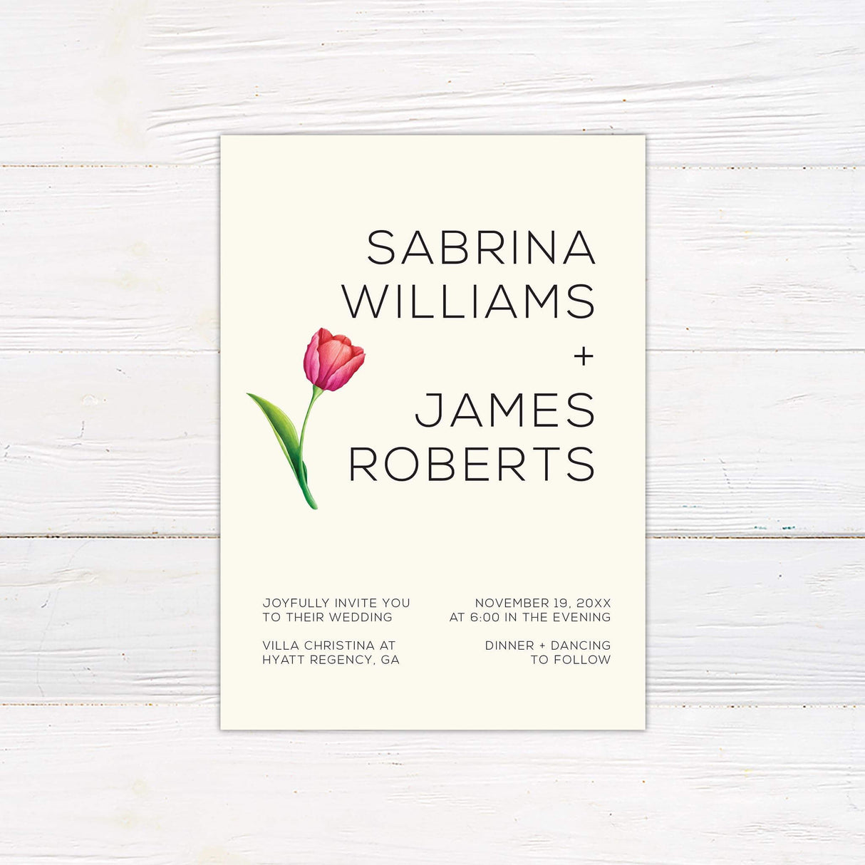 Modern wedding invitation with bold black text, minimalist layout, and a single pink tulip illustration on an off-white background.