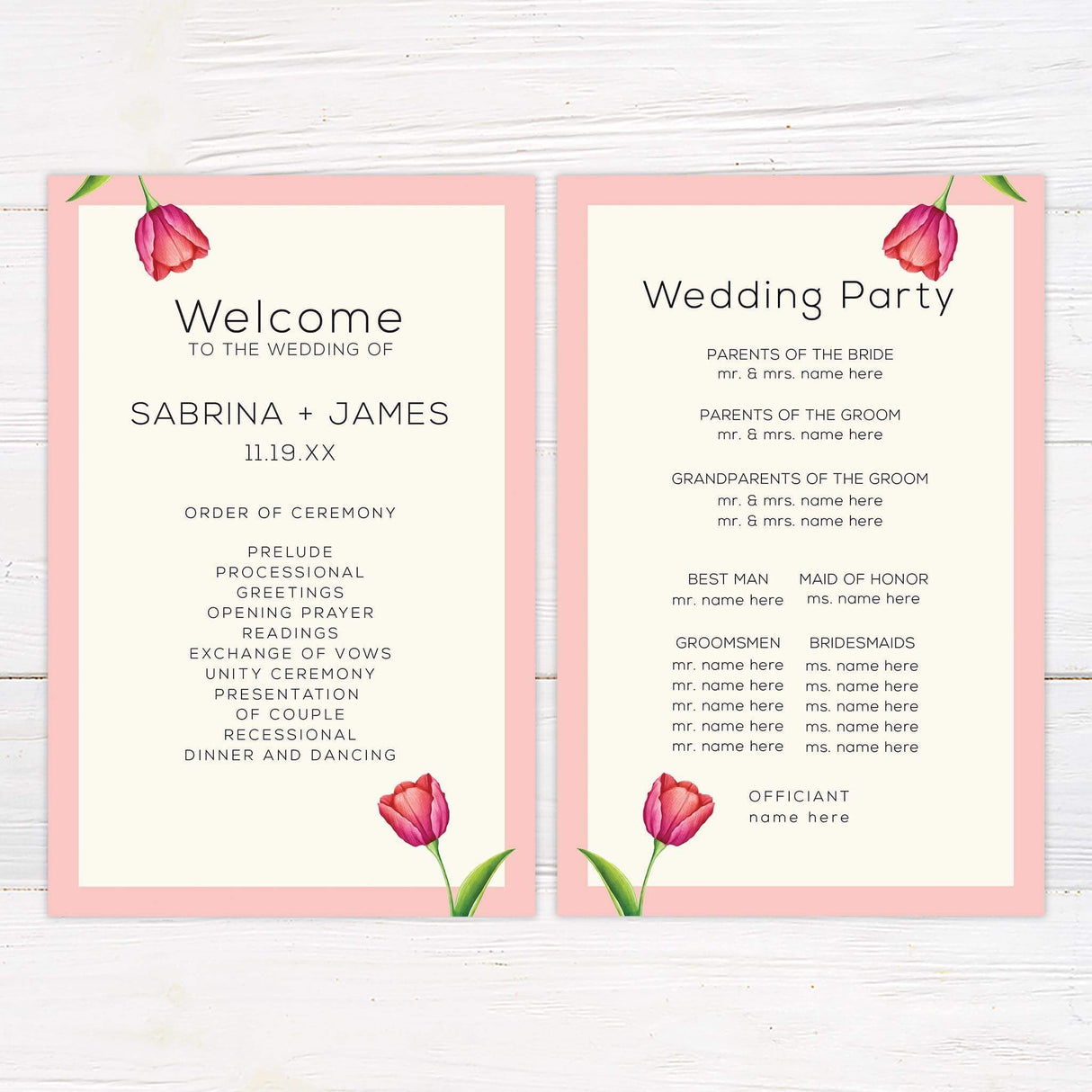 Wedding program with simple type design and vertical pink tulip accent on light background.