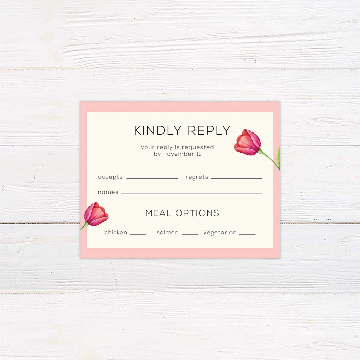 RSVP card with clean modern text and pink tulip graphic on cream background.