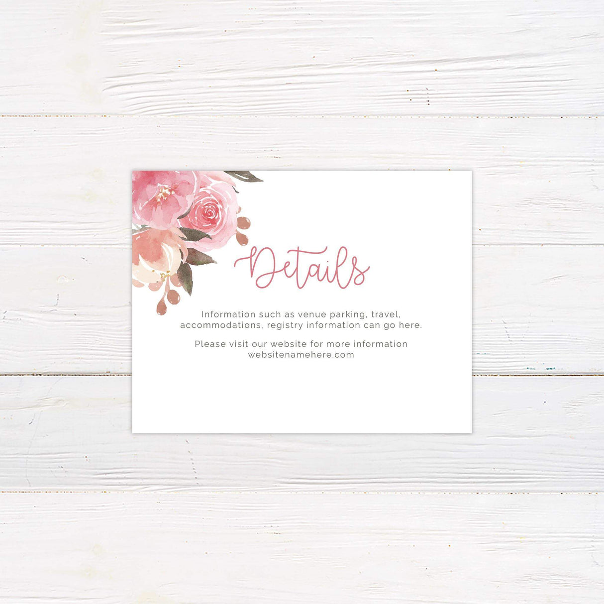 Wedding detail card with coordinating floral border and elegant modern fonts.