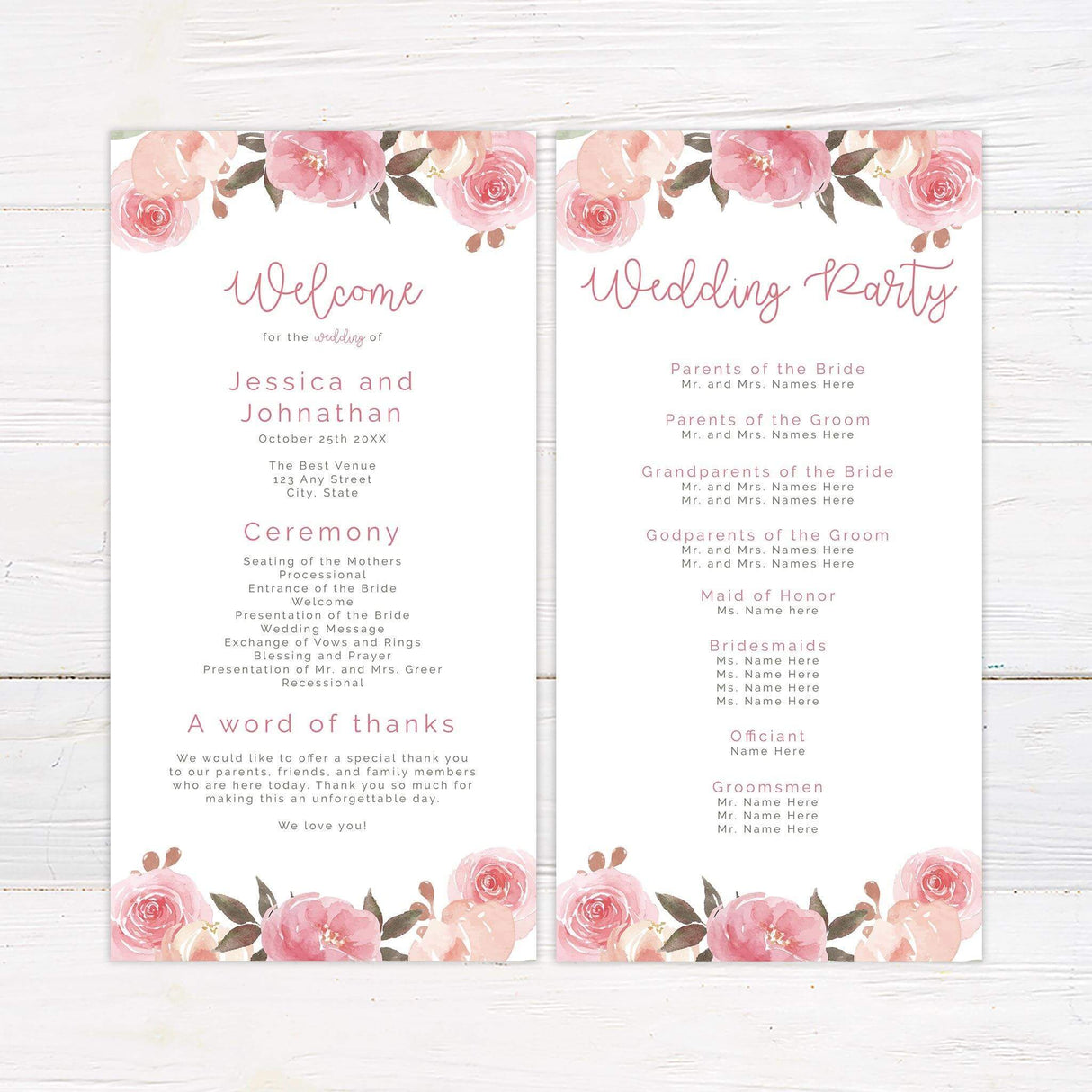 Wedding program featuring pink and peach garden florals and clean serif layout.