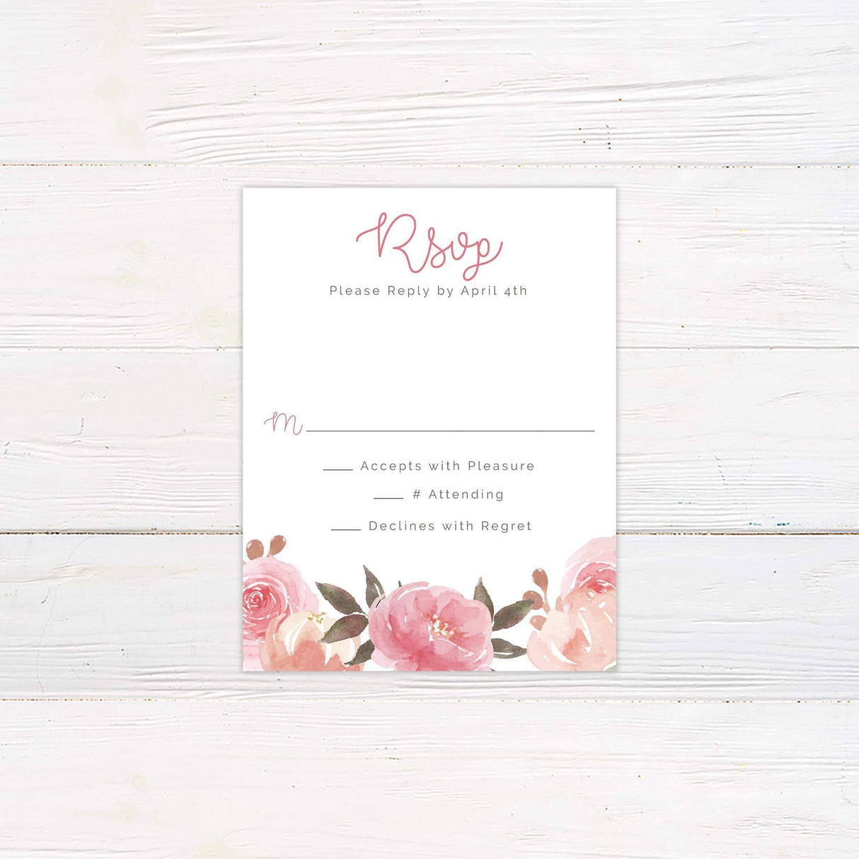 RSVP card with matching pink and peach watercolor florals and minimalist serif text.