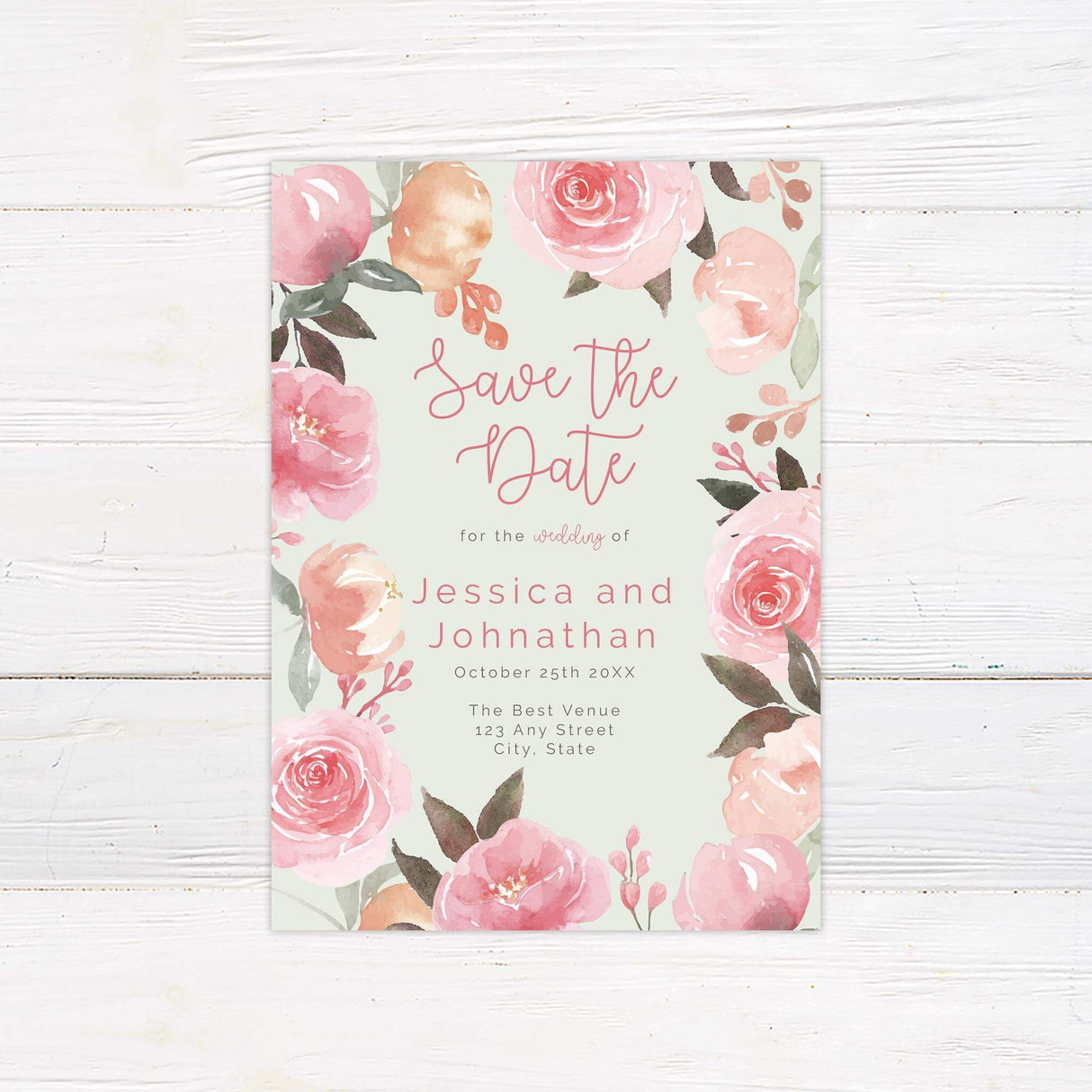 Save the date card featuring pink floral border and playful modern script, ideal for spring and summer weddings.