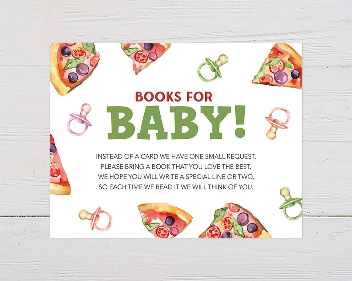 Books for Baby invitation with pizza and pacifier watercolor illustrations, ideal for a fun and unique baby shower theme.