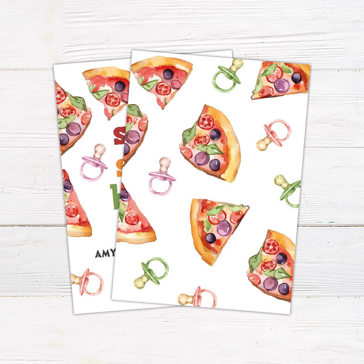 Baby shower invitation with a fun pizza theme featuring watercolor pizza slices, pacifiers, and scattered toppings. Bold, colorful text reads "Slice Slice Baby!" with event details below. Playful and modern design on a white background, perfect for a casual and unique celebration. Back.