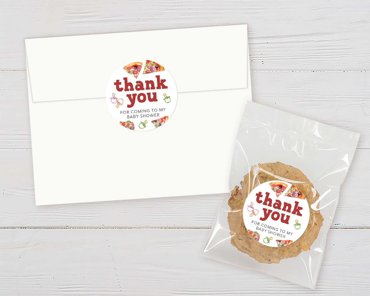 Thank you baby shower cookie favor with pizza and pacifiers theme, featuring a thank you label on a cookie and matching envelope.