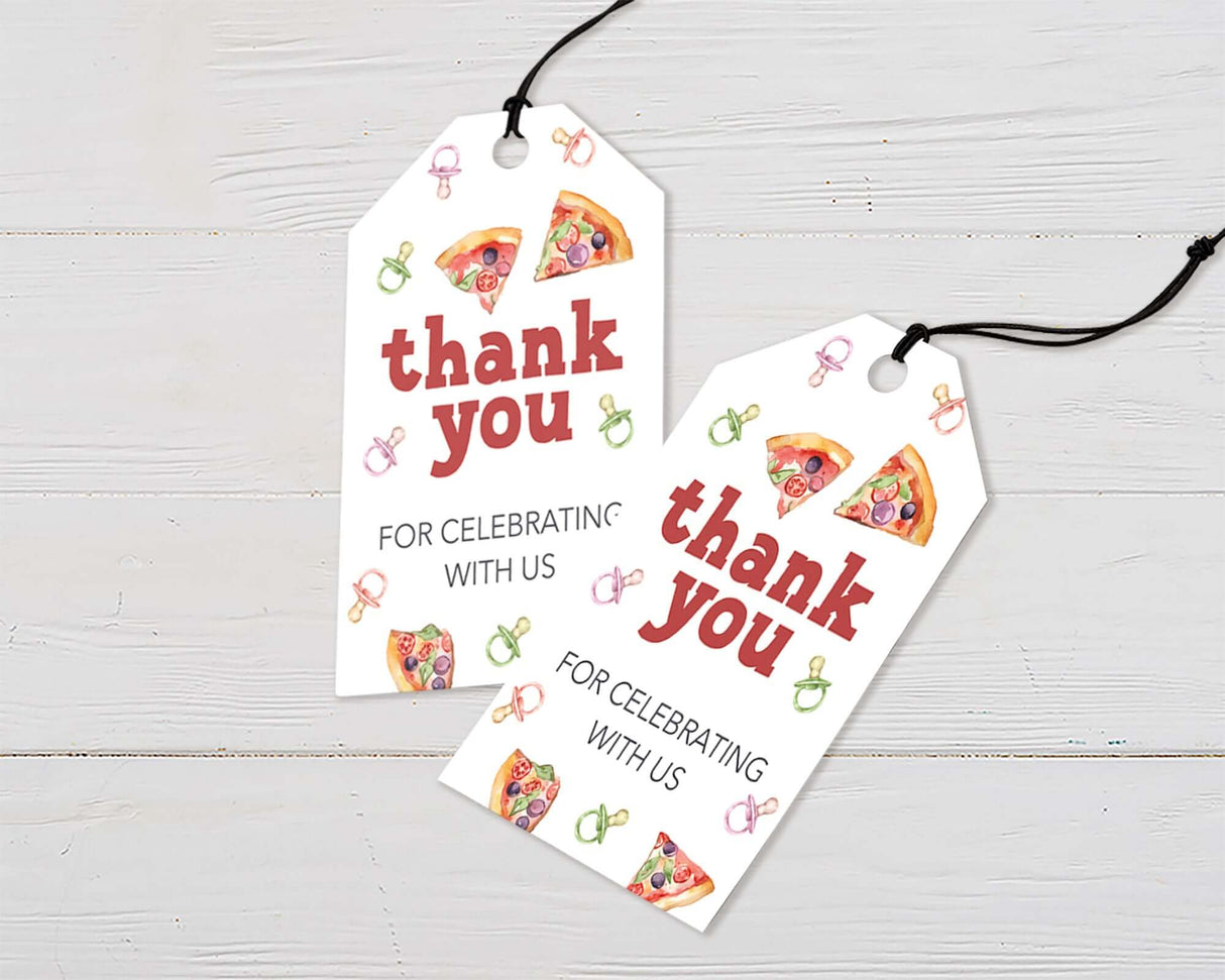 Thank you tags with pizza slices and pacifiers design for baby shower on wooden background.