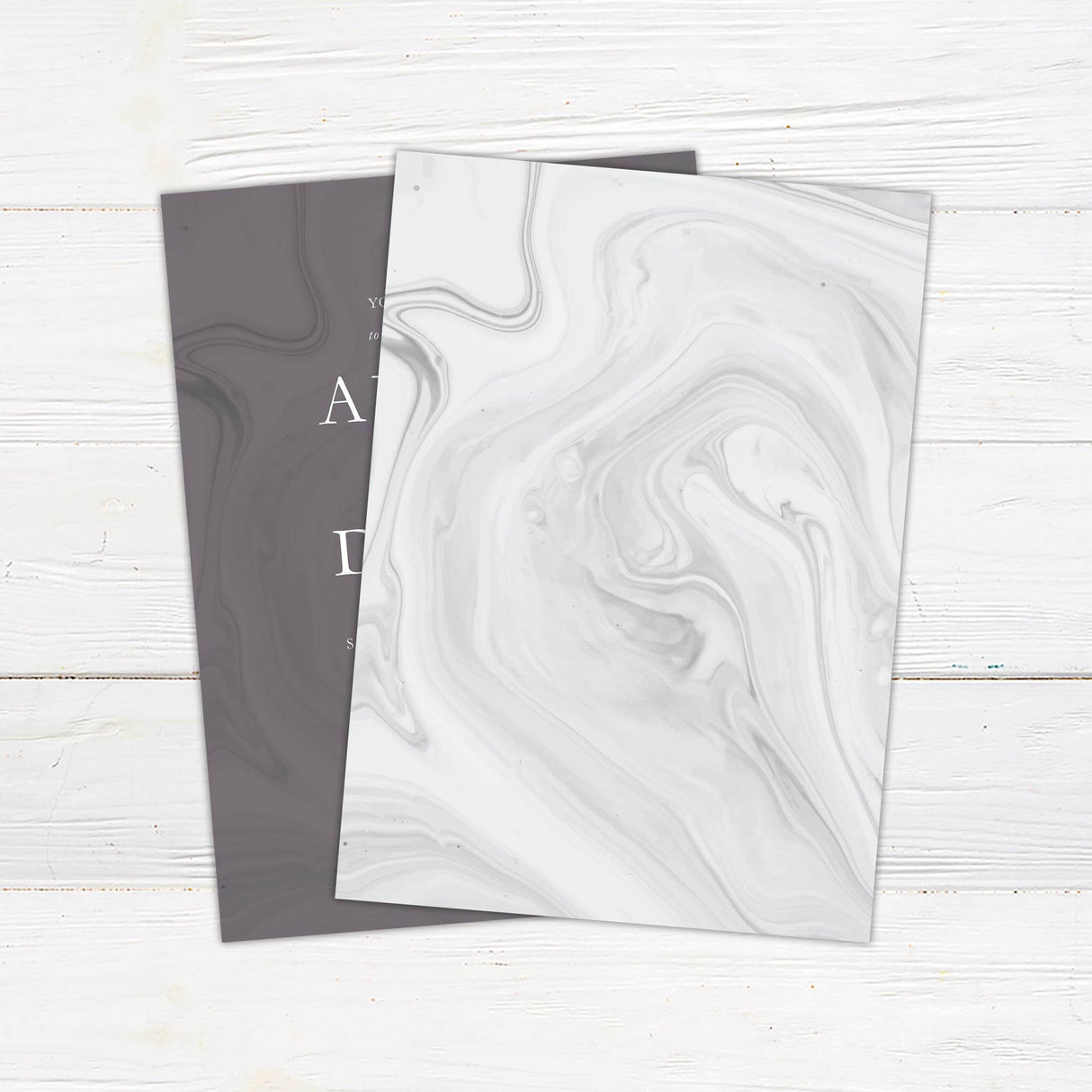 Minimalist plum marble wedding invitation with white modern typography and swirling background design. - back