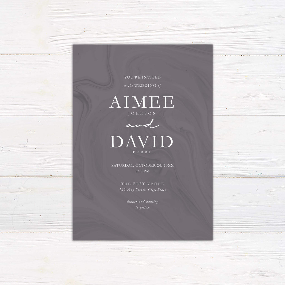 Minimalist plum marble wedding invitation with white modern typography and swirling background design.