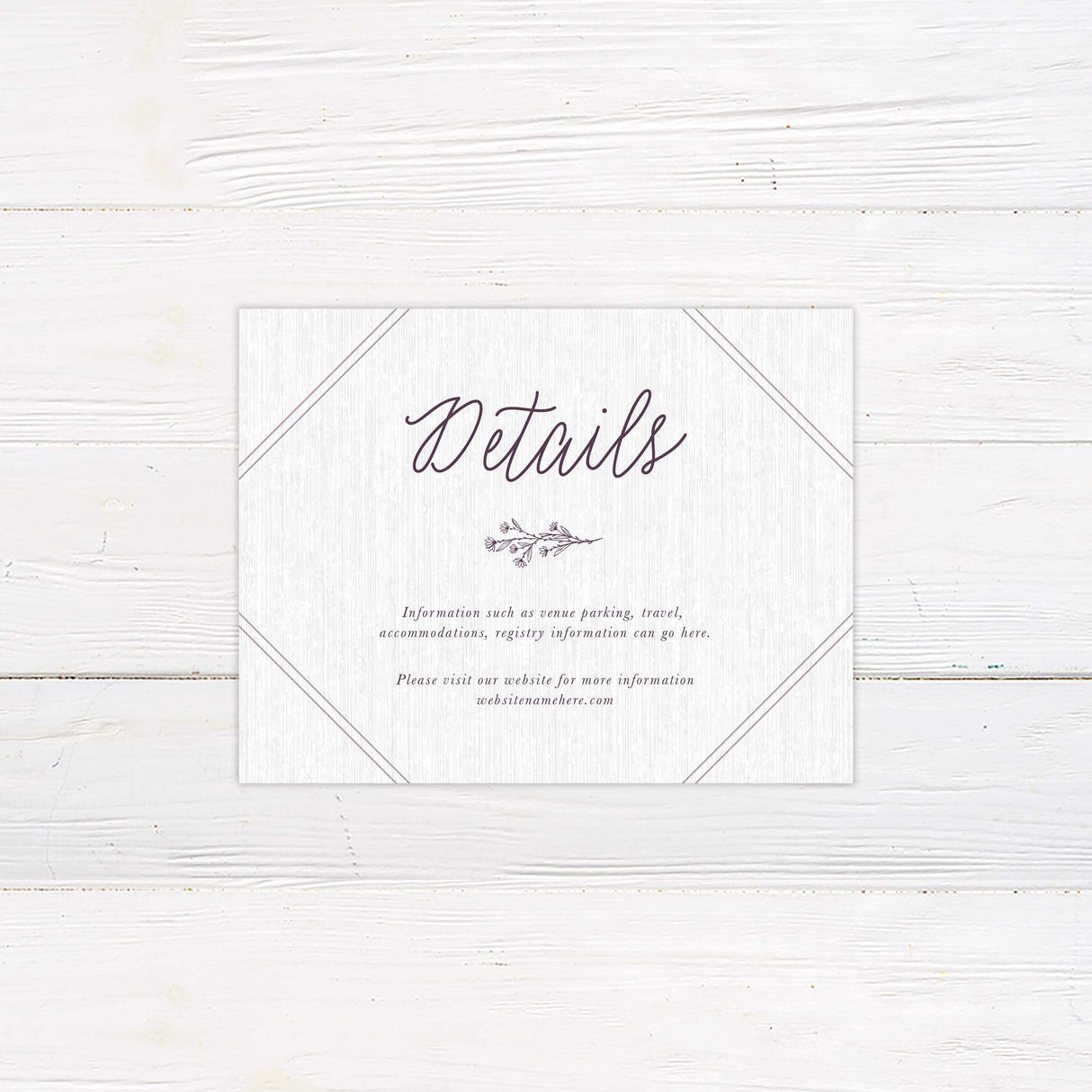 Wedding detail insert with coordinating plum floral illustration and elegant typography.