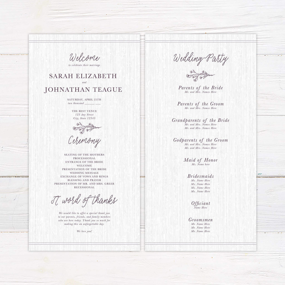 Wedding program with plum accent fonts and floral sprig monogram on a textured cream background.