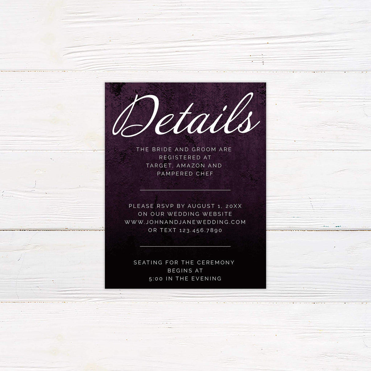 Details insert card featuring deep plum tones, clean modern lines, and elegant white type.