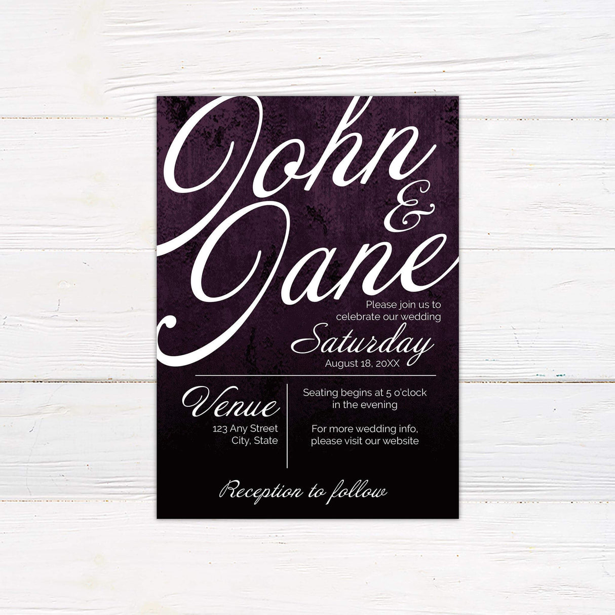 Wedding invitation with oversized white script on deep plum background, modern layout, and elegant serif and cursive fonts.