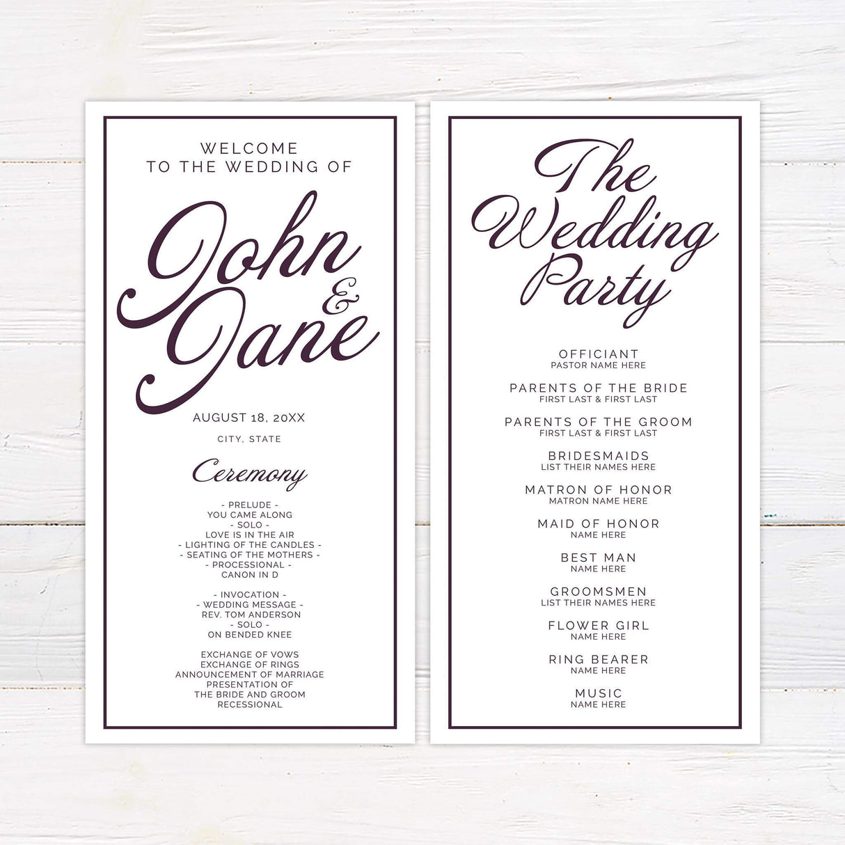 Wedding program with plum velvet texture background and stylish white script and serif font pairing.