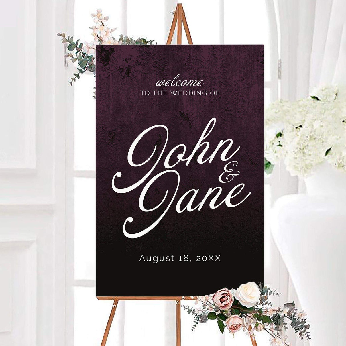 Wedding welcome sign featuring bold names in white script over plum background with structured formatting.