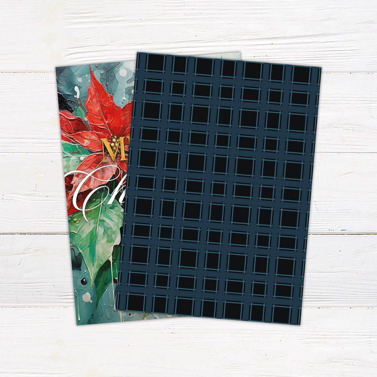 A holiday card with bold poinsettia floral artwork and gold lettering. The design uses vibrant red and green colors for a festive Christmas theme. - back.