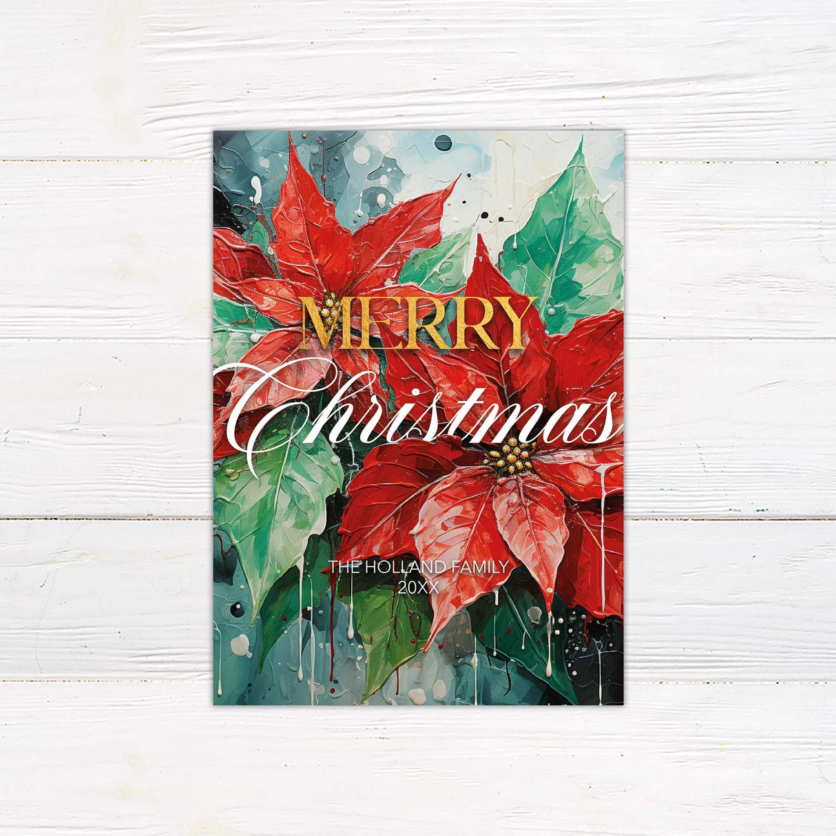 A holiday card with bold poinsettia floral artwork and gold lettering. The design uses vibrant red and green colors for a festive Christmas theme.
