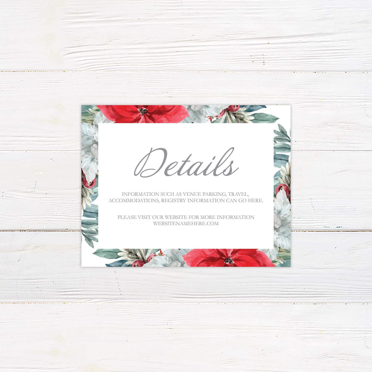 Details insert card with coordinating poinsettia accents and classic serif and script text.