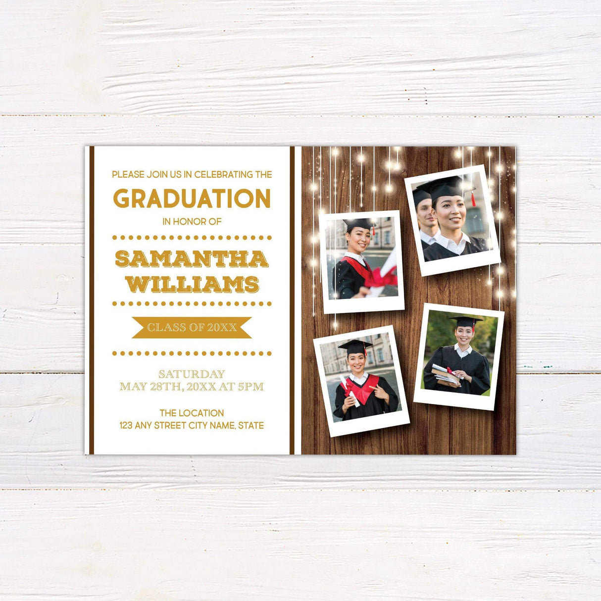 Custom graduation invitation with a woodgrain background and string lights. The front features four polaroid-style photos on the right and graduation details on the left. The back has a woodgrain background with string lights and a banner displaying "Class of 2025. Gold.