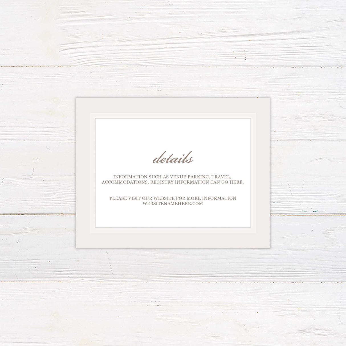 Minimalist detail card with elegant serif fonts on a clean background, no floral design.