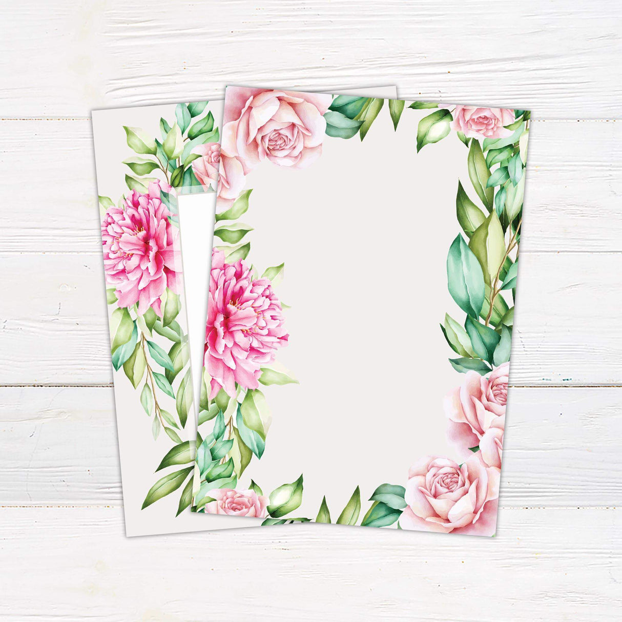 Floral wedding invitation with watercolor pink peonies, blush roses, and green botanical frame, elegant serif and script text. - back side