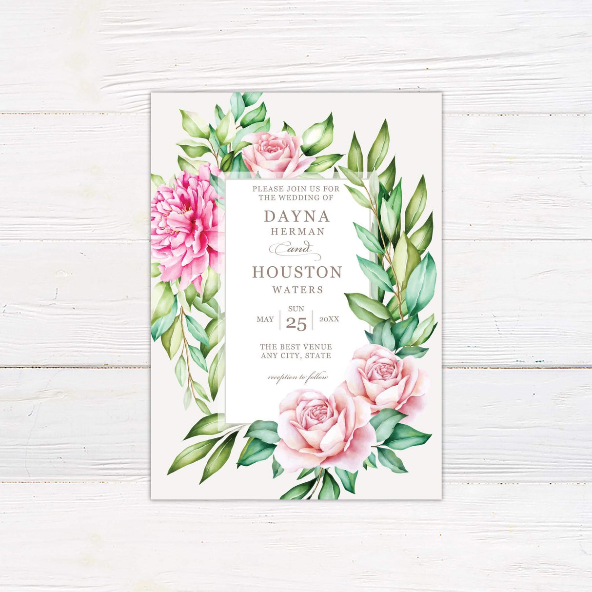 Floral wedding invitation with watercolor pink peonies, blush roses, and green botanical frame, elegant serif and script text.