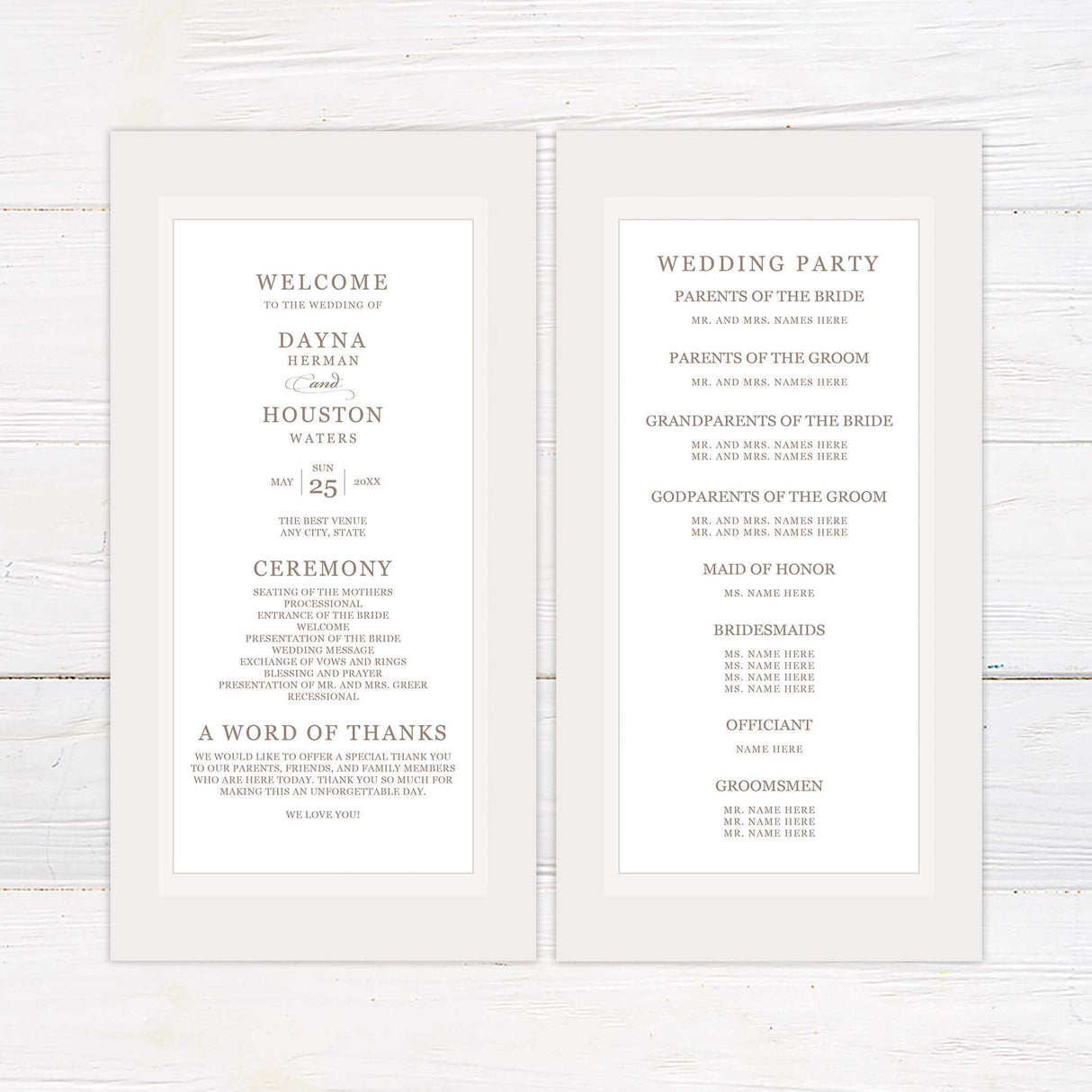 Minimalist ceremony program with elegant serif fonts on a clean background, no floral design.