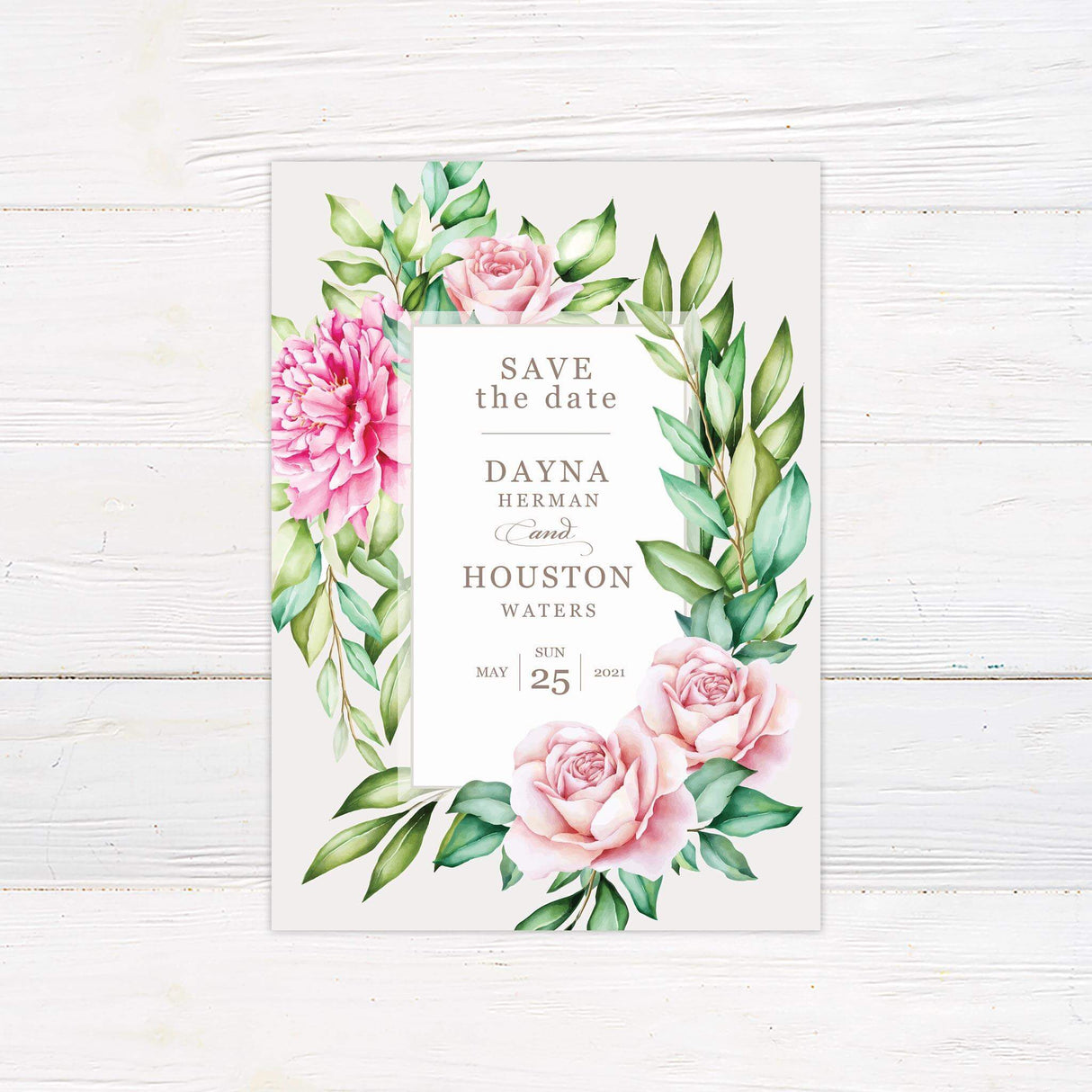 Save the Date card with romantic floral frame of watercolor peonies and greenery.