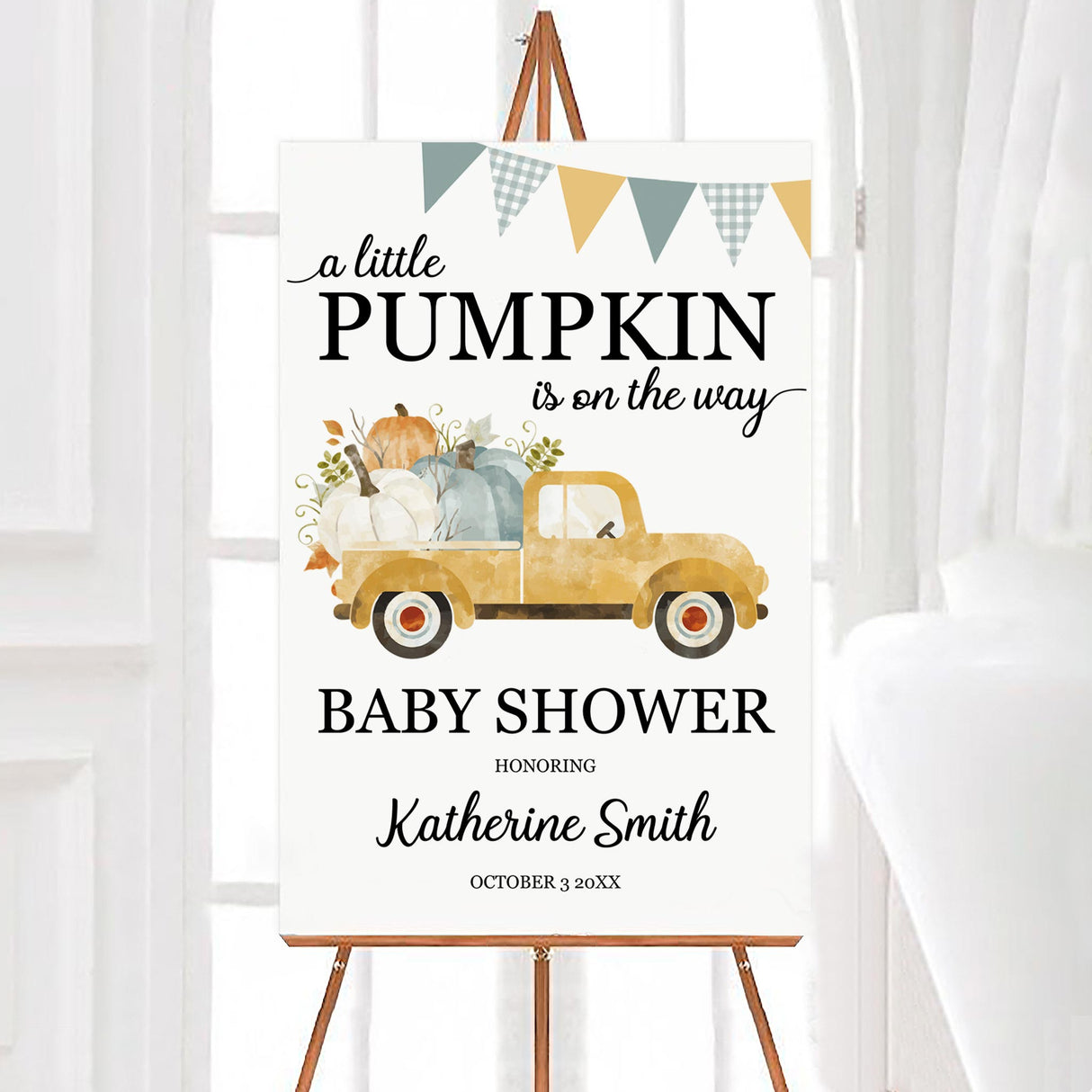 A pumpkin truck fall baby shower welcome sign with a pumpkin-filled truck and banner. The design features seasonal colors and farmhouse style.